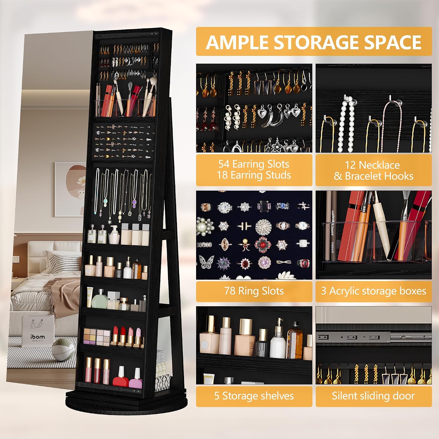 LVSOMT 360° Swivel Jewelry Cabinet with Full Length Mirror and Sliding Door, 63' Large Jewelry Armoire with Lock and Rear Shelves, Floor Standing Mirror with Storage for Bedroom Cloakroom, Black