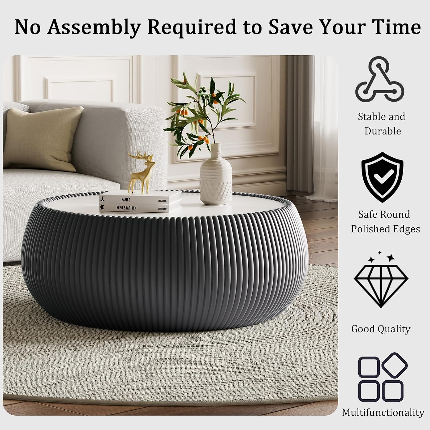 27.55' Grey Round Coffee Table, Drum Coffee Table with Sintered Stone Tabletop and Fluted PU Leather Covered and Stable Base, Circle Cocktail Tea Table for Living Room