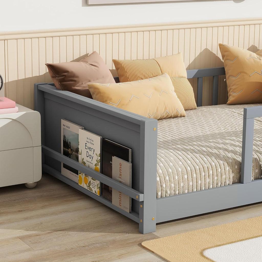 Twin Size Kids Montessori Floor Bed,Twin Floor Bed Frame with Slats and Bookcase,Solid Wood Montessori Bed for Girls Boys,Grey