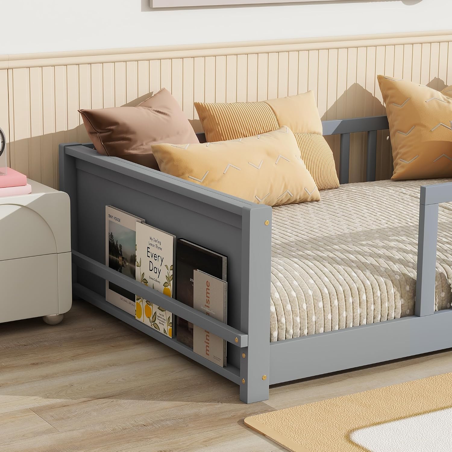 Twin Size Kids Montessori Floor Bed,Twin Floor Bed Frame with Slats and Bookcase,Solid Wood Montessori Bed for Girls Boys,Grey