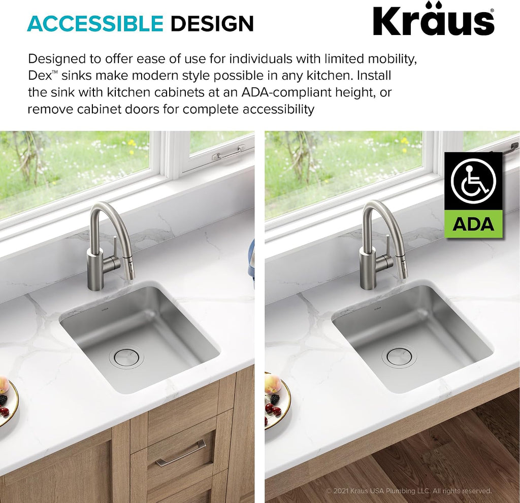 KRAUS Dex 17-inch Undermount 16 Gauge Stainless Steel Single Bowl ADA Kitchen Sink, KA1AS17B