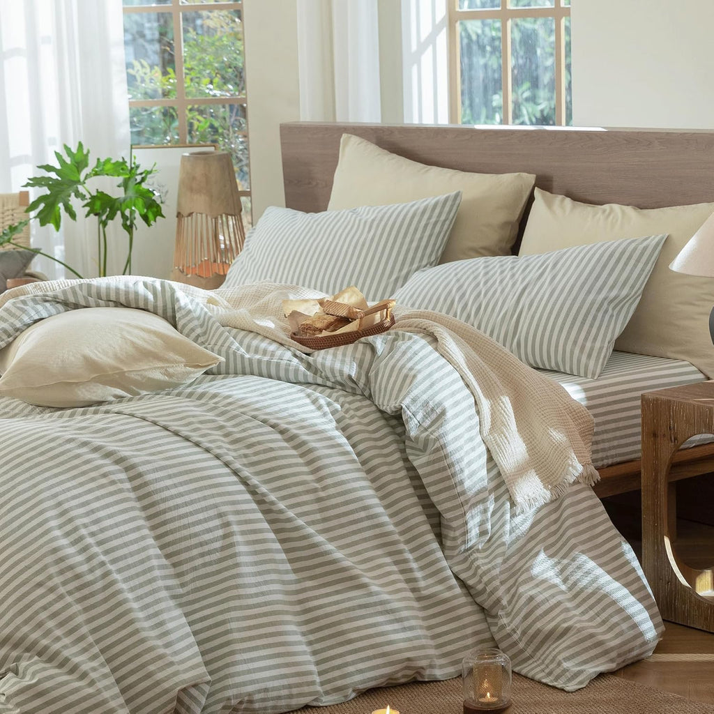 MooMee Striped Duvet Cover Set 100% Washed Cotton Linen Like Textured Breathable Durable Soft Comfy (Sage Green White Classic Stripes, Palatial King/Oversized King 120'x98')