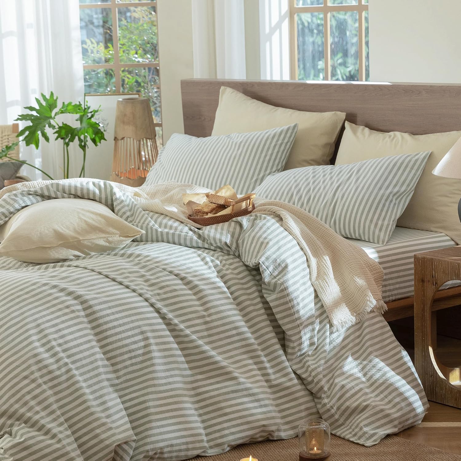 MooMee Striped Duvet Cover Set 100% Washed Cotton Linen Like Textured Breathable Durable Soft Comfy (Sage Green White Classic Stripes, Palatial King/Oversized King 120'x98')