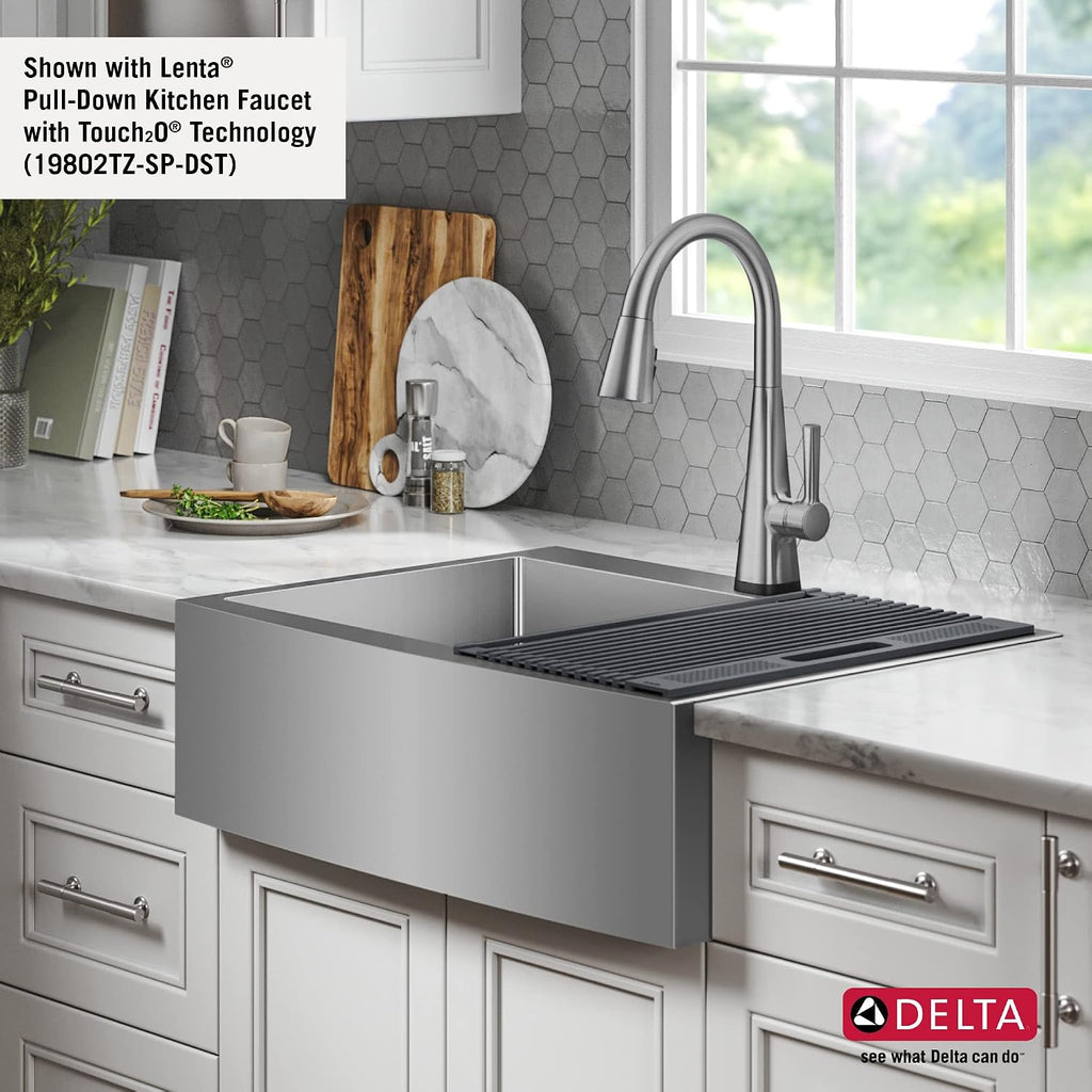 DELTA FAUCET Delta Lenta 30-inch Retrofit Farmhouse Apron Front 16 Gauge Stainless Steel Single Bowl Kitchen Sink for Undermount/Drop-In Installation with Accessories, 95J132-T30S-SS