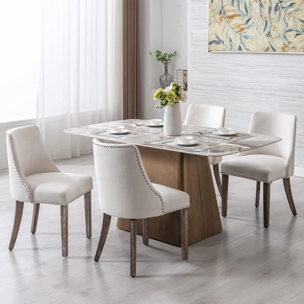 Mid Century Modern Dining Chairs Set of 6 Farmhouse Accent Chairs Upholstered Linen Fabric Side Chair for Living Room/Dining Room/Bedroom, Cream