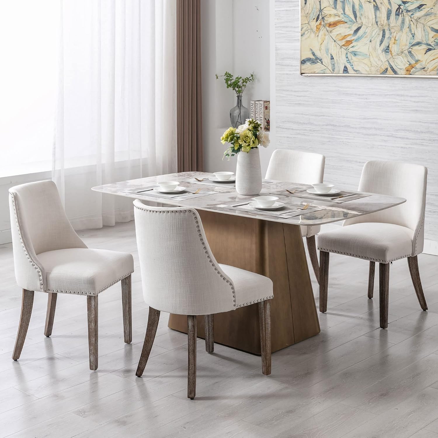 Mid Century Modern Dining Chairs Set of 6 Farmhouse Accent Chairs Upholstered Linen Fabric Side Chair for Living Room/Dining Room/Bedroom, Cream