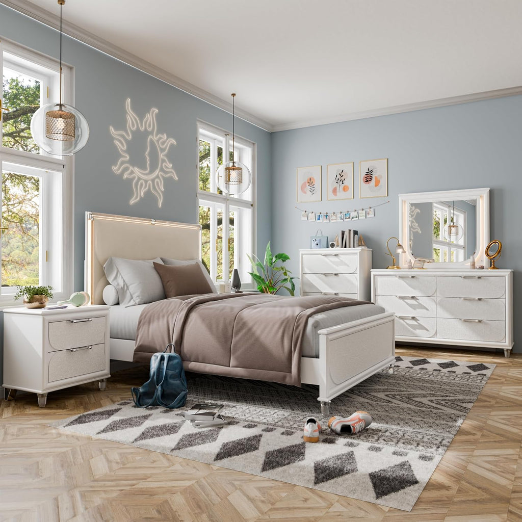 Furniture of America Leila Modern Wood 6-Piece Kids Bedroom Set with LED on Headboard and Mirror, Embossed Panels, Hidden Jewelry Tray, Felt-Lined, No Box Spring Needed, Full, Pearl White