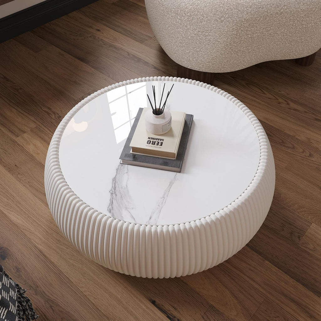 27.55' White Round Coffee Table, Drum Coffee Table with Sintered Stone Tabletop and Fluted PU Leather Covered and Stable Base, Circle Cocktail Tea Table for Living Room
