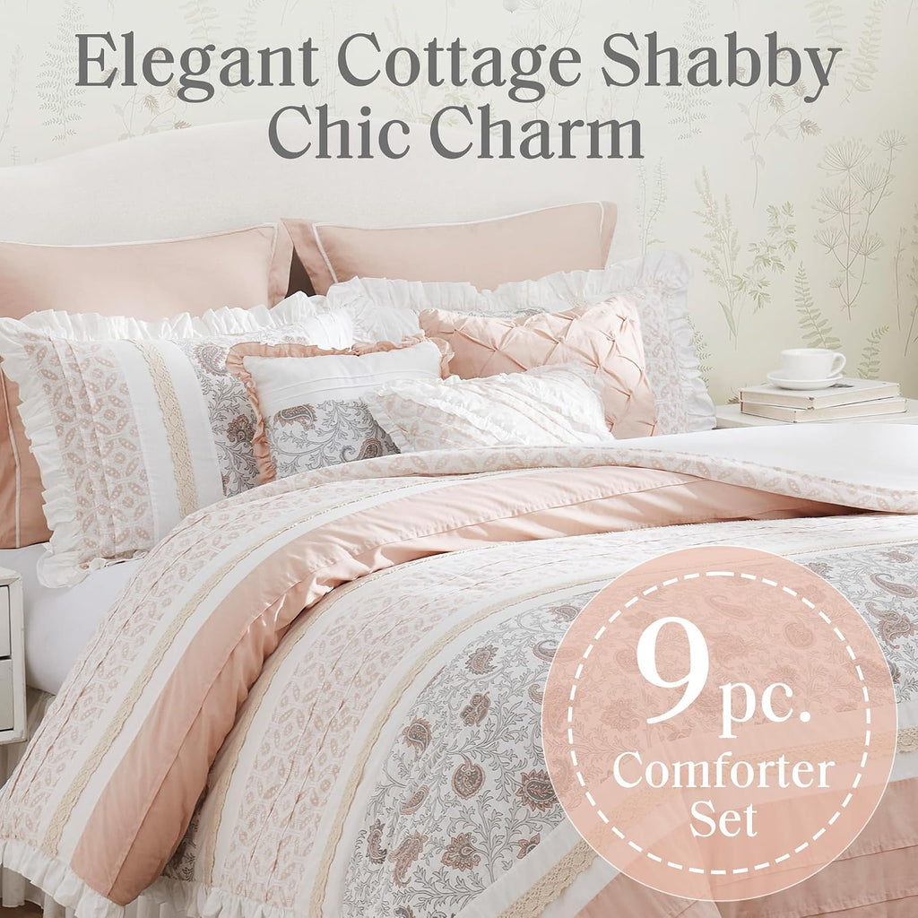 Madison Park Dawn 100% Cotton Shabby Chic Comforter Set-Modern Cottage Design All Season Down Alternative Bedding, Matching Shams, Bedskirt, Decorative Pillows, King(104'x92'), Blush 9 Piece