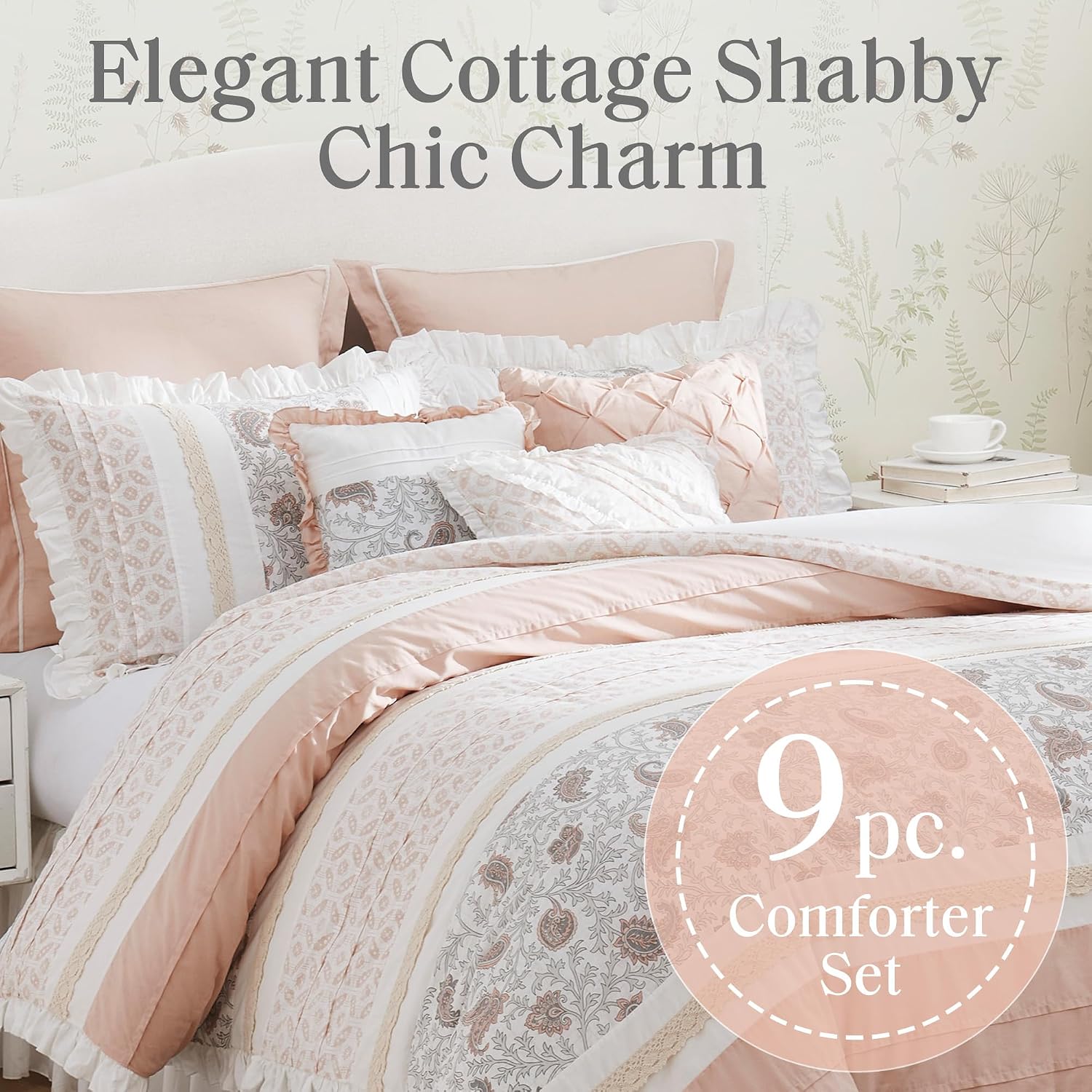 Madison Park Dawn 100% Cotton Shabby Chic Comforter Set-Modern Cottage Design All Season Down Alternative Bedding, Matching Shams, Bedskirt, Decorative Pillows, King(104'x92'), Blush 9 Piece