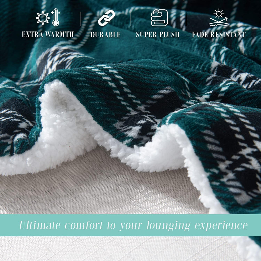 Elegant Comfort Throw Blanket, Reversible Sherpa Flannel, Ultra-Soft, Fuzzy, Cozy and Plush- All Season Lightweight Decorative Throw, 50 x 60 inches, Plaid Design Sherpa Throw, Green (Pack of 5)
