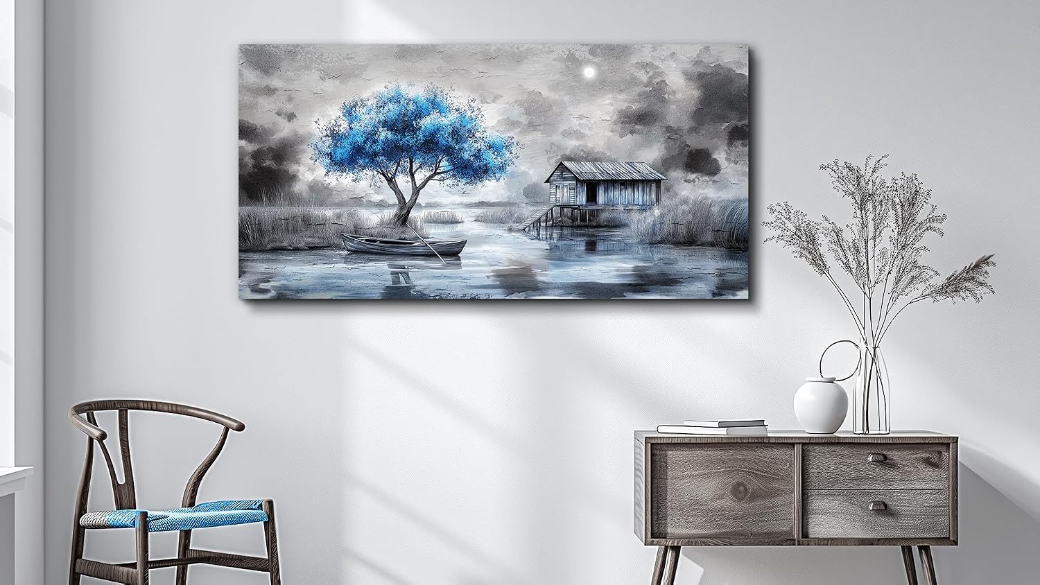 QIYILEXWART Canvas Wall Art For Living Room Large Wall Decor For Office Bedroom Decorations The Blue Tree Pictures The Hut Painting Stretched And Framed Artwork Room Ready To Hang