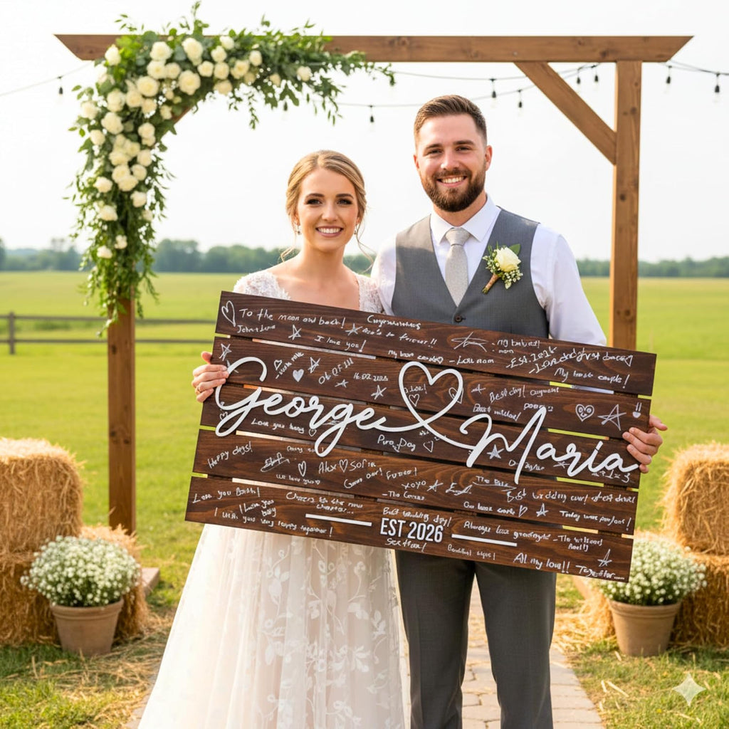 Personalized Unique Wedding Guest Book Alternative, Custom Pallet Wedding Guestbook Sign, Wooden 3D Last Name Plaque for Reception Decor, Rustic Meaningful Guestbook Idea for Signatures & Well Wishes (XL - 33.5x17.5')