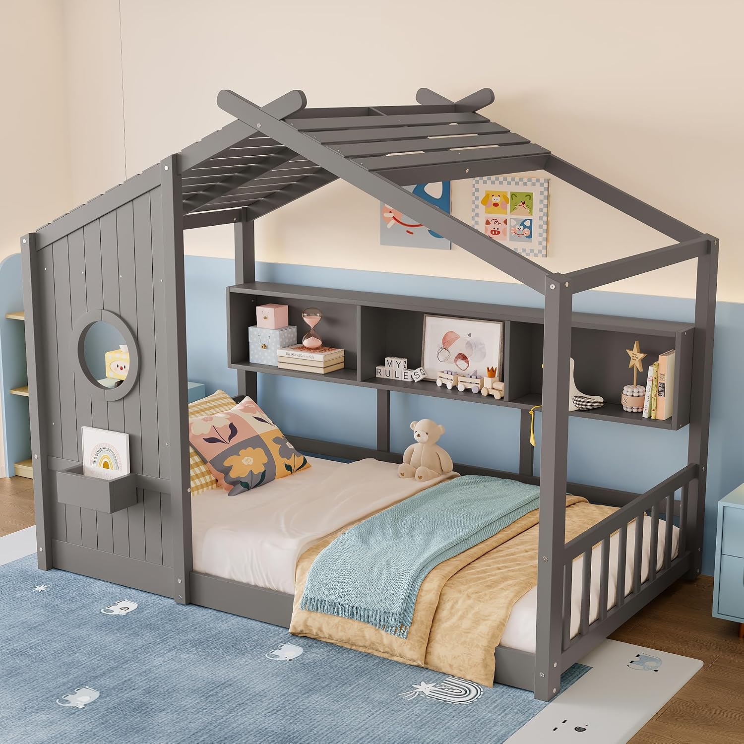Merax Wood Floor House Bed with Storage Shelves, Twin Size Low Day Bed with Headboard & Wood Slat Support, No Box Spring Needed, Gray