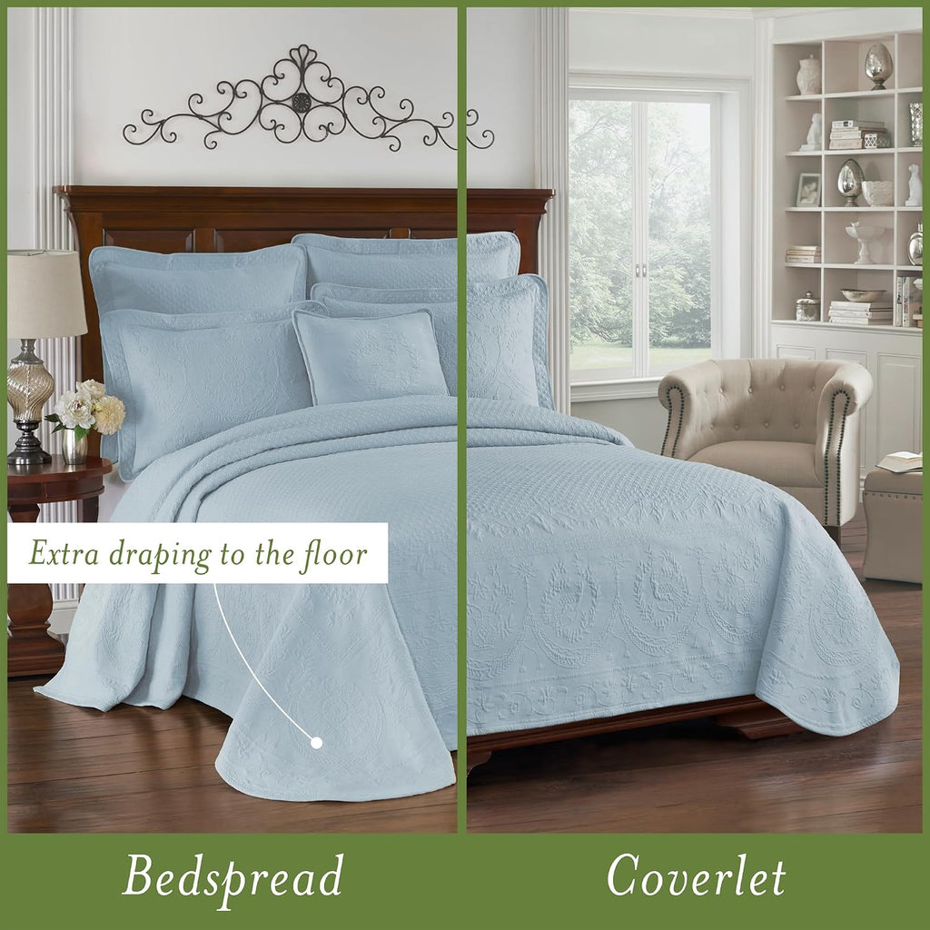 King Charles Modern Farmhouse Floral Matelasse Bedspread, 100% Cotton Breathable Bedding, Full/Queen, Blue
