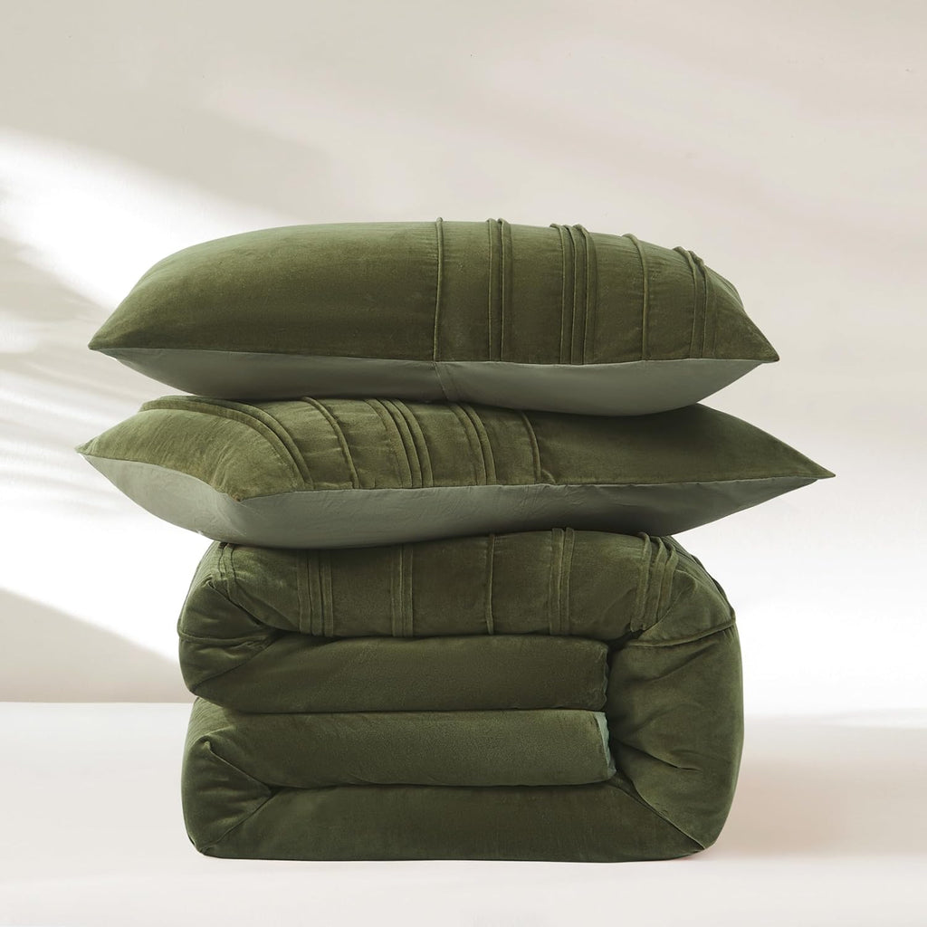 Lush Decor x Chuks Collins Pleated Groove Velvet Duvet Cover 3 Piece Set Queen Green - Velvet Bedding Set - Duvet Cover Queen - Green Duvet - Luxury Bedding