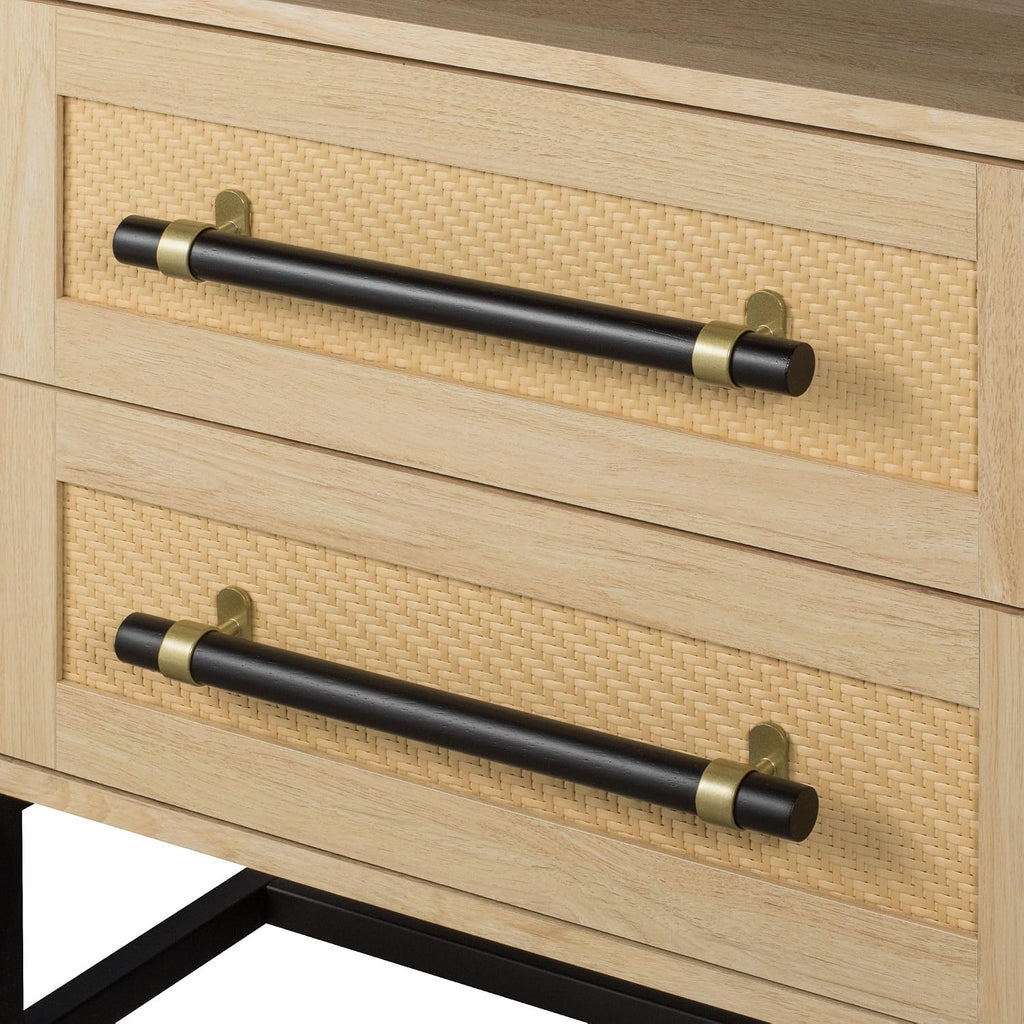 Sophia 2-Drawer Nightstand in Natural Oak Look with Rattan Panels and Minimalist Black Metal Frame- Perfect Bedroom Storage for Small Spaces, Large Suites, or Living Rooms