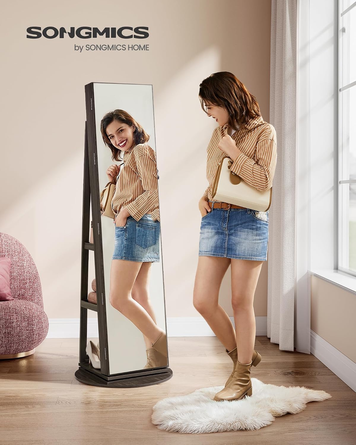 SONGMICS 6 LEDs Lockable Mirror Jewelry Cabinet, 360° Swivel Jewelry Organizer Armoire Standing, Frameless Full-Length Mirror, 3 Storage Shelves, Ash Brown Surface, Black Lining UJJC007K02