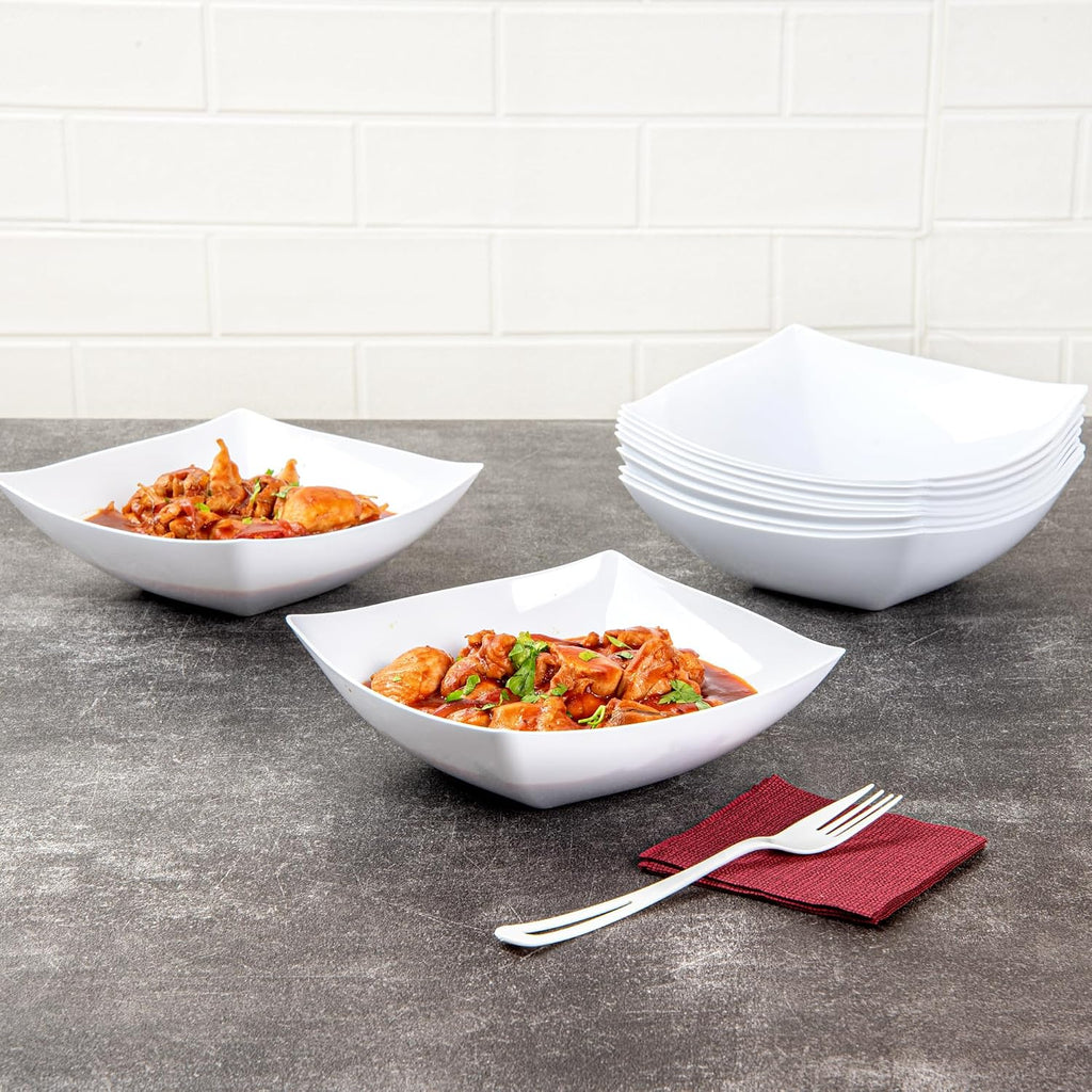 Restaurantware Moderna 32 Ounce Fancy Plastic Bowls 100 Square Disposable Salad Bowls - Durable Heavy-duty White Plastic Bowls For Warm And Cold Foods