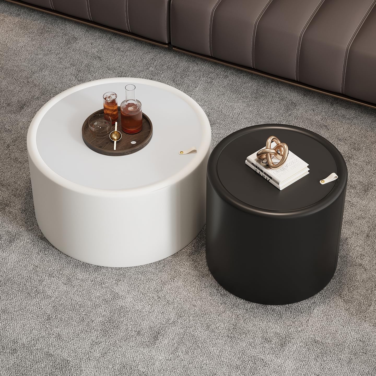 Round Living Room Table Set with Hidden Storage, 27.56' White Drum Center Table and 19.69' Black Coffee Table Set, 2 Pieces Coffee Table Set with Tempered Glass Top and PU Leather Body