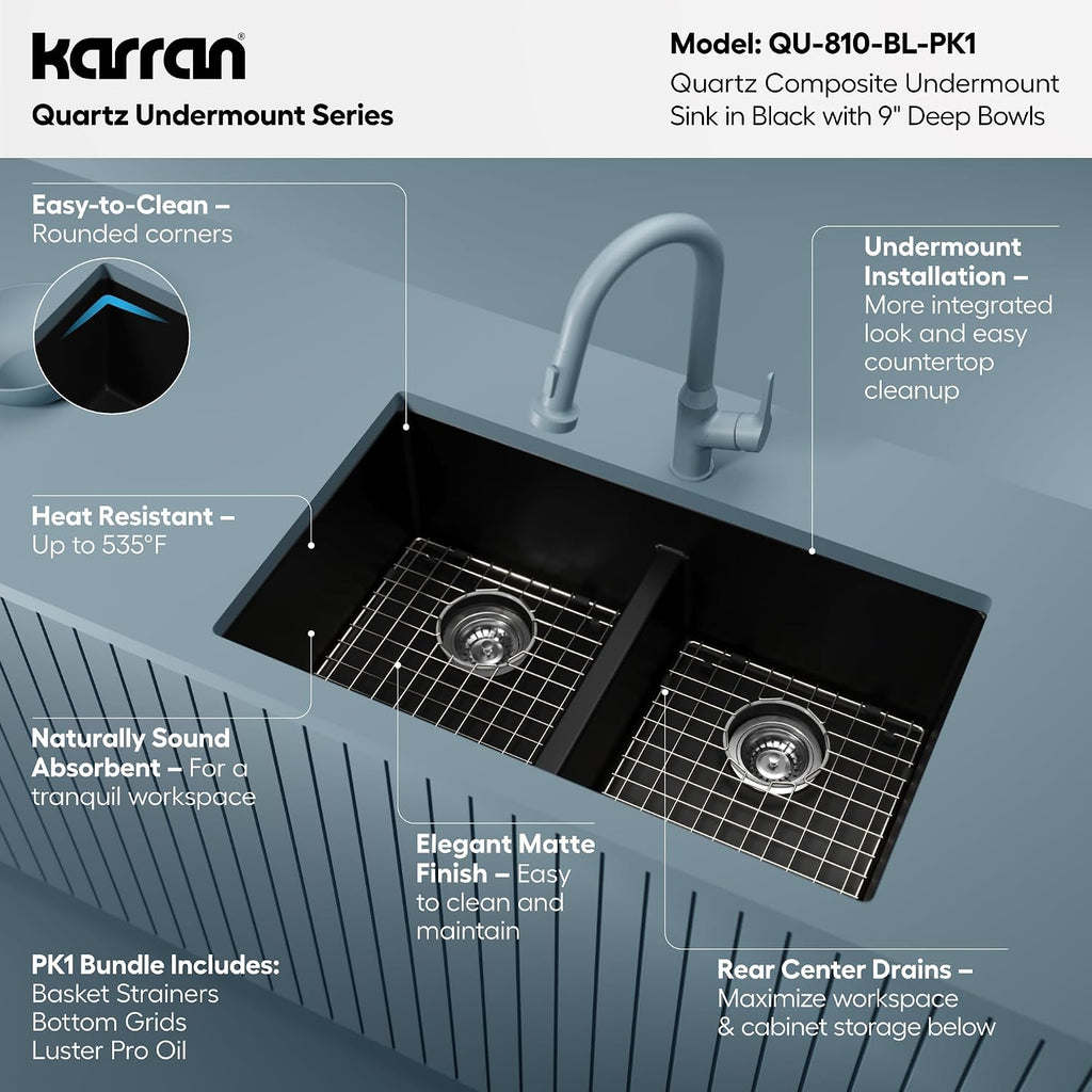 Karran QU-810 32' Undermount Double Bowl Quartz Kitchen Sink Kit, Black Composite, Equal Bowls, Scratch Resistant, Heat Safe, Noise Reducing, Includes Grids & Strainers