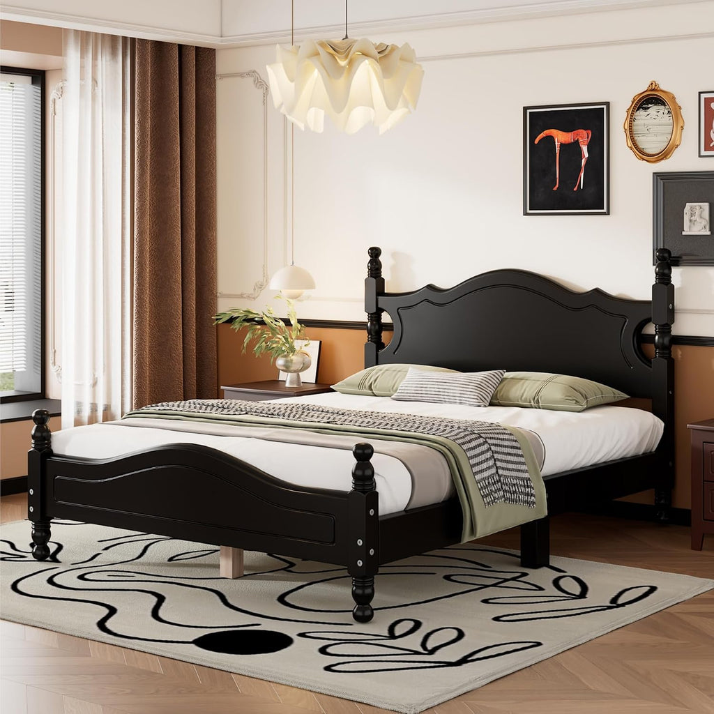 Solid Wood Bed Frame Full Size, Wooden Retro Style Platform Bed Frame with Headboard and Footboard, Heavy Duty Bed Frame with 10 Wood Slats Support,No Box Spring Needed,Noiseless (Black, Full)