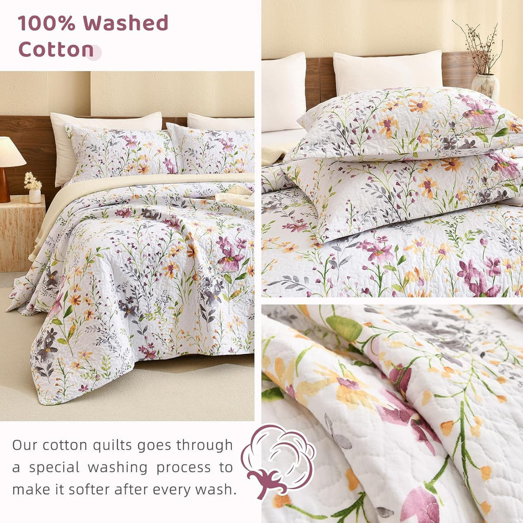 Sanracie Oversized Queen Quilt Bedspread Set(102'x118'), 100% Cotton Floral Quilted Set 3Pcs Yellow Wild Flower Botanical Printed Pattern Bedding Set for All Seasons