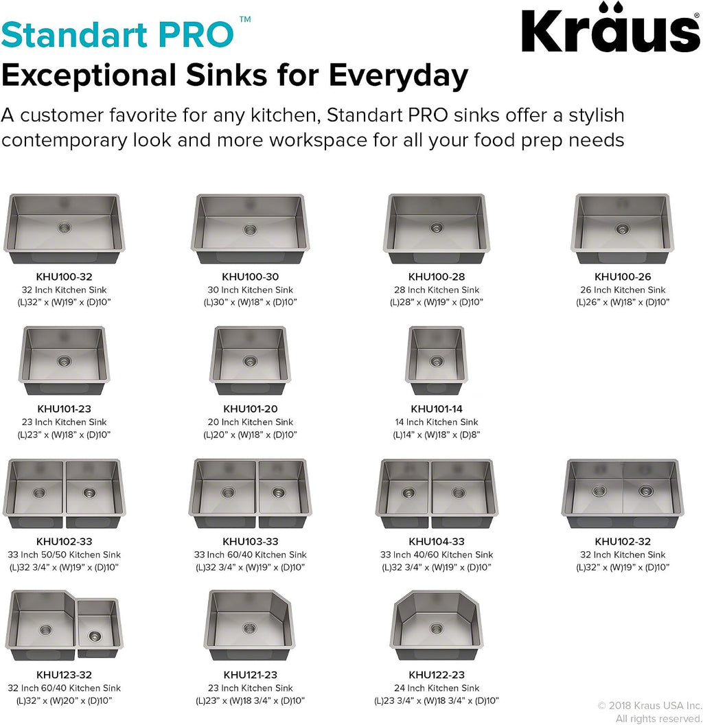 Kraus Kitchen Sinks Undermount - 33 Inch Stainless Steel Kitchen Sink, 60/40 Double Bowl, 16 Gauge, Model KHU103-33