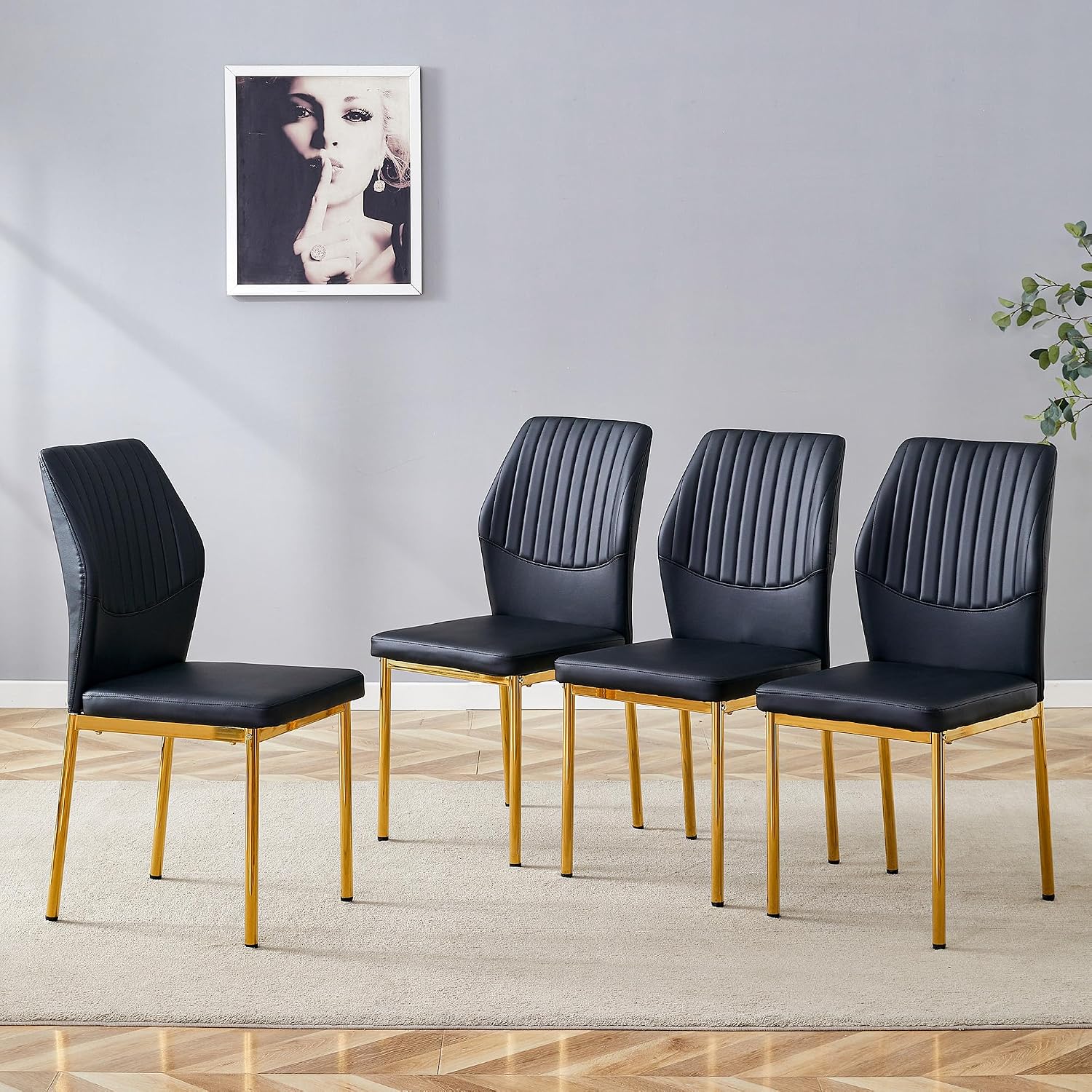 Dining Room Chairs Set of 4,Comfortable,Fashionable Soft Padded Kitchen Chairs High Backrests Metal Legs. Suitable for Living Room and Bedroom (Black+Gold Leg Set of 4)