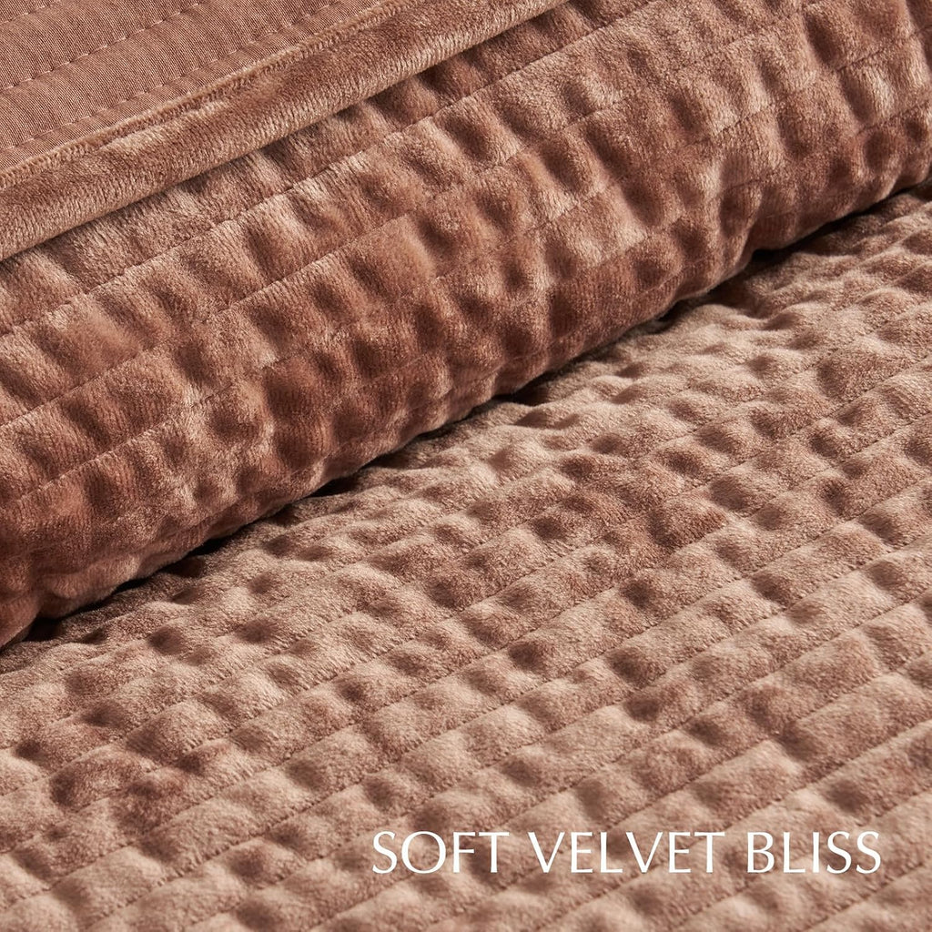 EverGrace Velvet Quilt Set California King 118'' x 106'', Luxurious Soft Bedding Sets, Lightweight Velvet Comforter for All Season, Striped Oversized Bedspread Coverlet w/ 2 Shams, Terracotta Clay