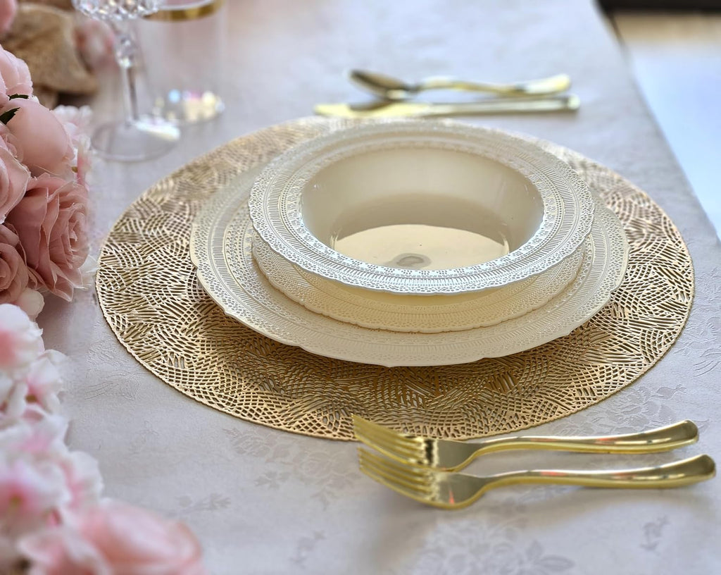 OCCASIONS 240 Piece Heavy Duty Disposable Plastic Dessert Plates 7 Inch – Premium Reusable Party Plates for Wedding, Event, Party Supplies – BPA Free, Elegant Tableware – Chateau Ivory