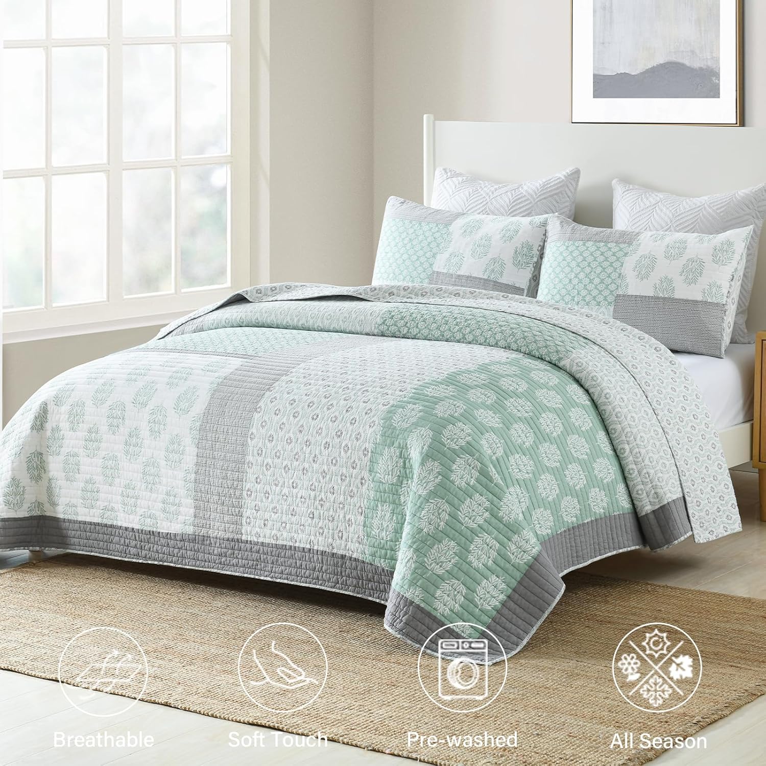 Finlonte King Size Quilt, 100% Cotton Comforter King Size, Green Grey Farmhouse Quilted Bedspread, Patchwork Lightweight Reversible Quilt Bedding Set for King Bed, 3-Pieces