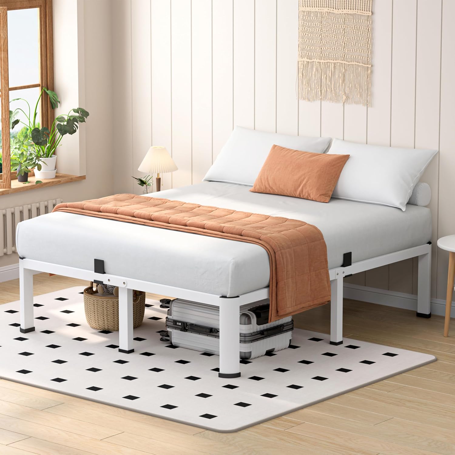 VIPSHOW 18 Inch White Full Heavy Duty 3500 lbs Bed Frame with Round-Corner Legs & Anti-Squeak Design – Quick Assembly Metal Platform, No Box Spring Needed