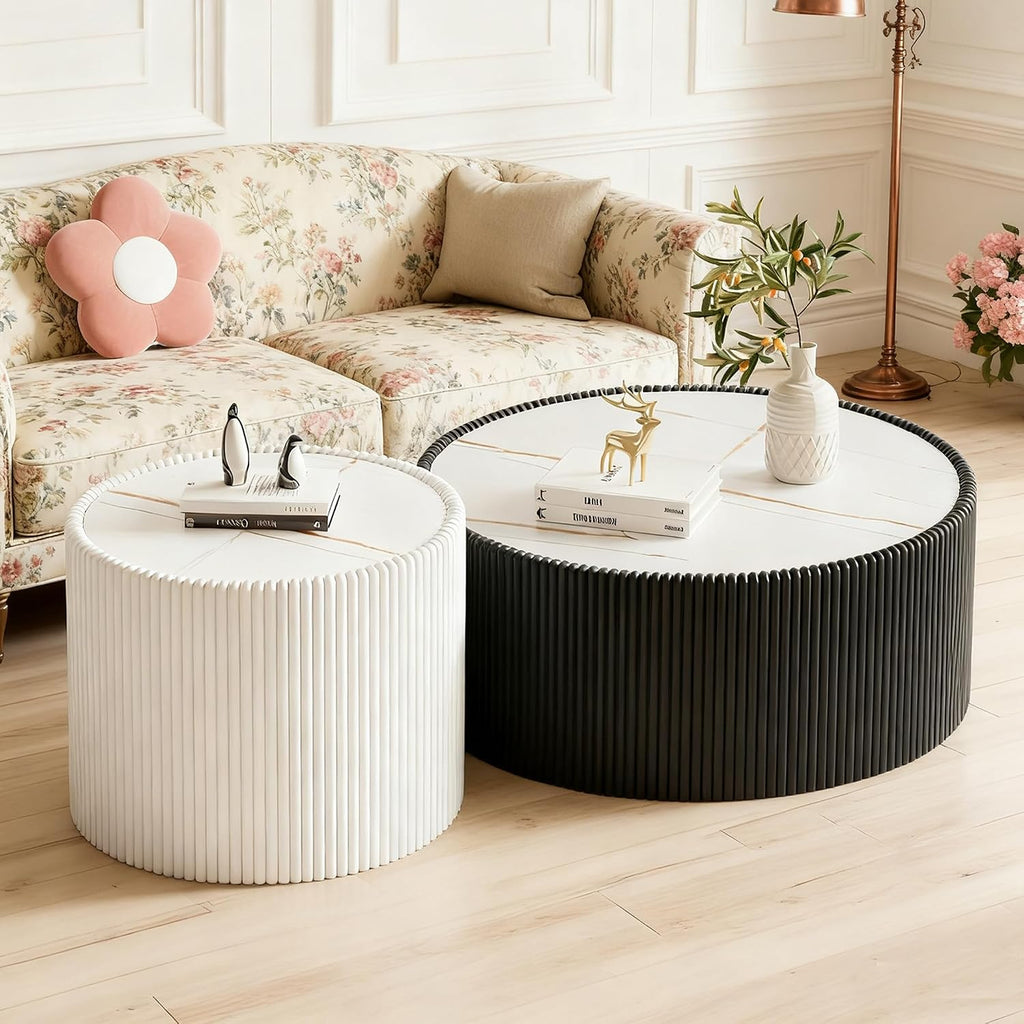 Round Coffee Table Set, 29.52' Black Drum Center Table and 17.71' White Coffee Table Set, 2 Pieces Living Room Table Set with Sintered Stone Tabletop, Fluted PU Leather Covered and Stable Base