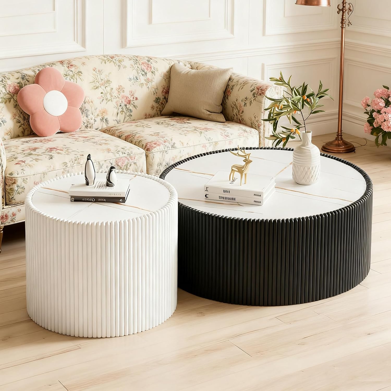 Round Coffee Table Set, 29.52' Black Drum Center Table and 17.71' White Coffee Table Set, 2 Pieces Living Room Table Set with Sintered Stone Tabletop, Fluted PU Leather Covered and Stable Base