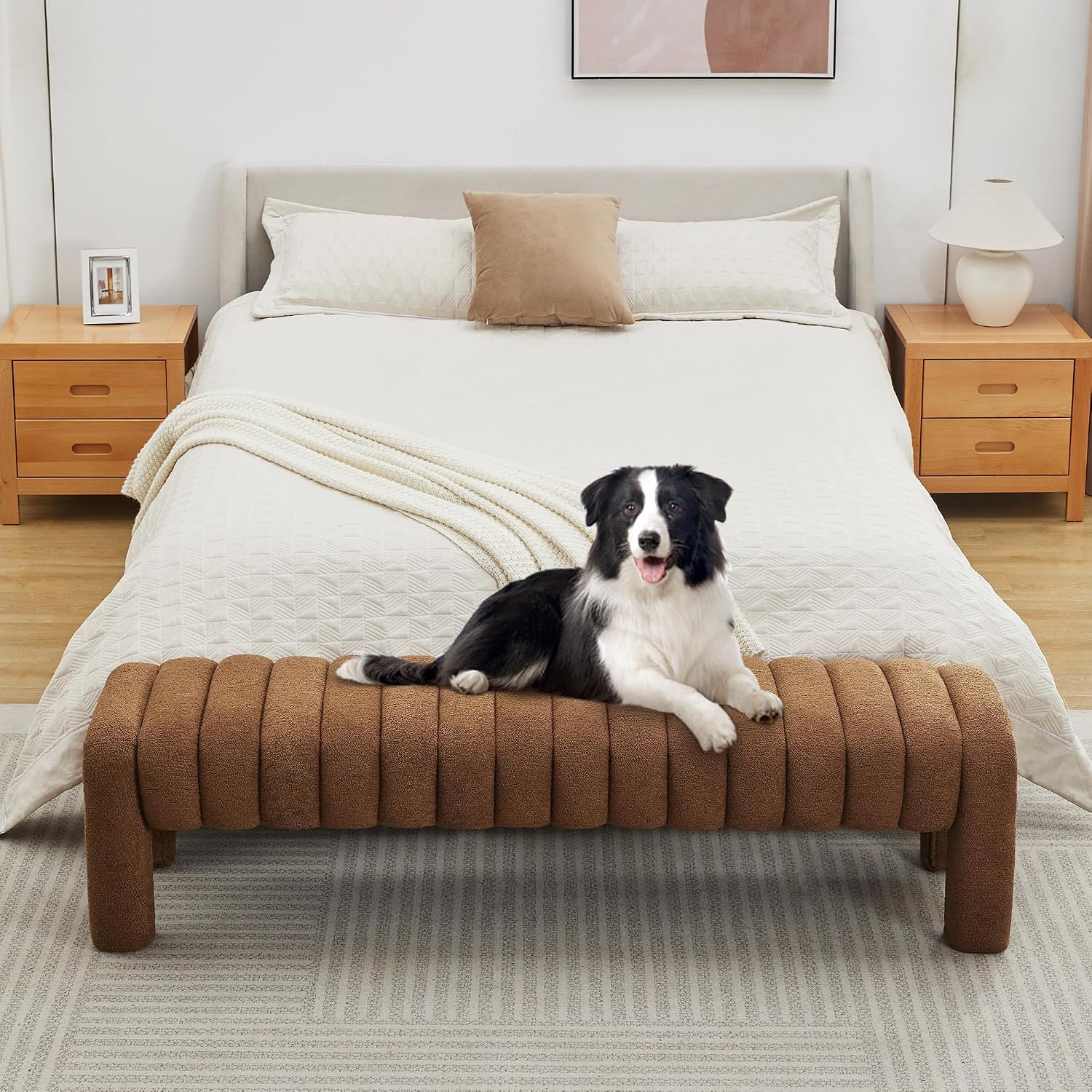 63'' Bedroom Bench, Upholstered End of Bed Bench with Solid Wood Legs, Modern Cushioned Dining Bench with Full Covered Fabrics for Entryway, Bedroom, Living Room (Rust Brown, Boucle)