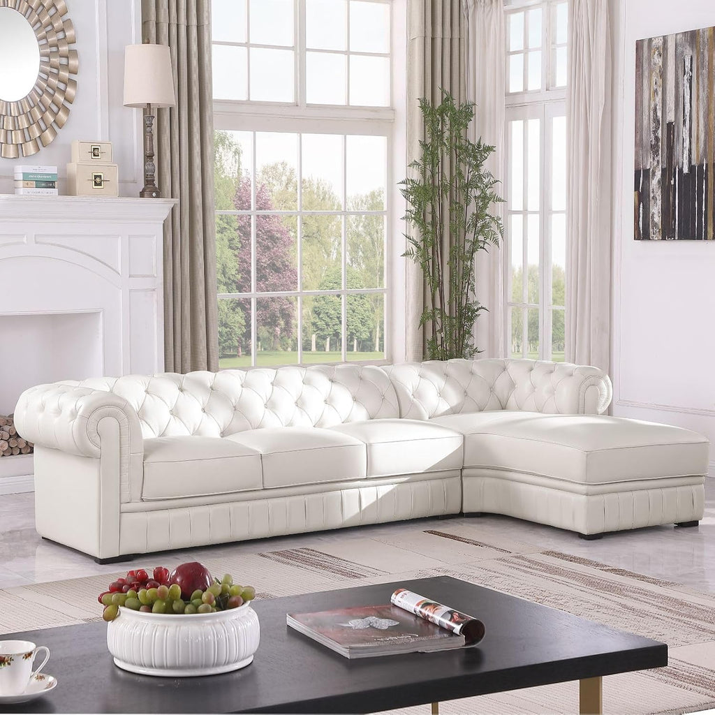 Genuine Leather Sectional Couch, L Shape Top Grain Leather Sofa with 5 Seaters for Living Room Furniture Set, Chesterfield Couches with Button Tufted Design for House/Lounge,Cream
