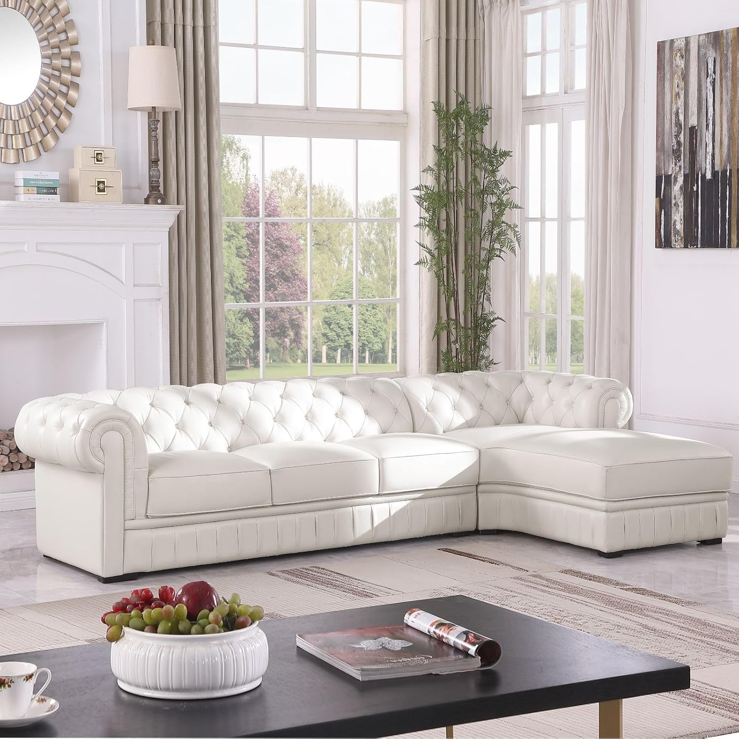 Genuine Leather Sectional Couch, L Shape Top Grain Leather Sofa with 5 Seaters for Living Room Furniture Set, Chesterfield Couches with Button Tufted Design for House/Lounge,Cream