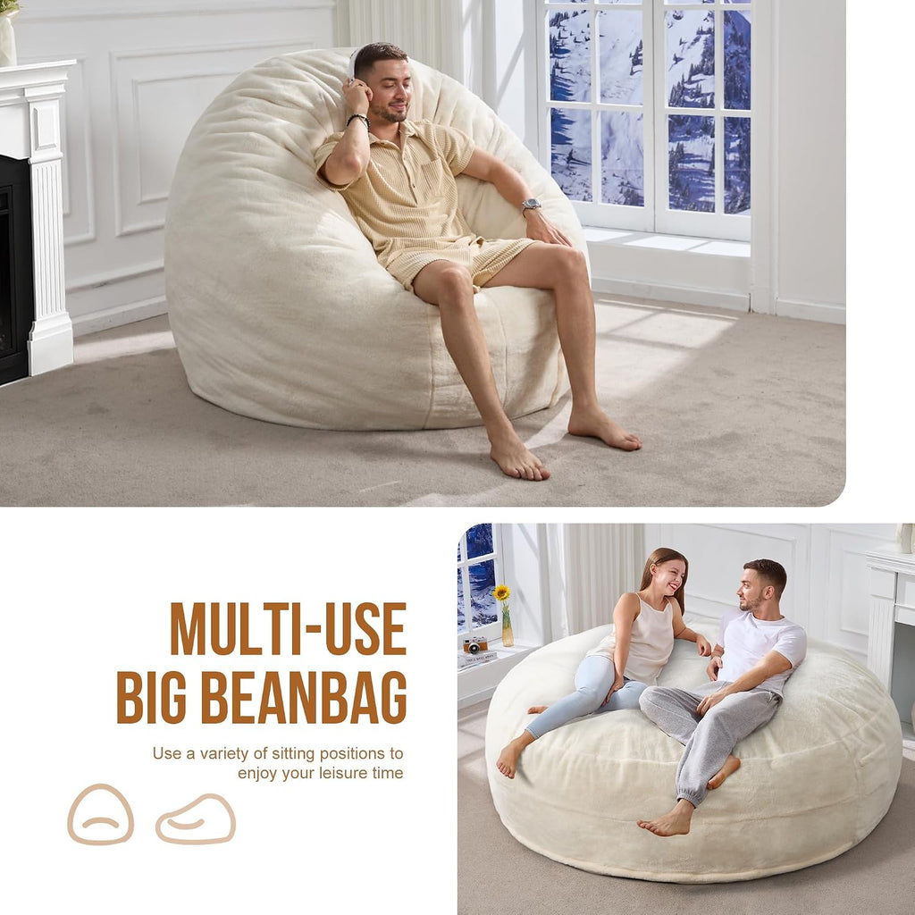 Hobestluk 6ft Bean Bag Chairs for Adults Large Beanbag Chair with Plush Faux Fur Cover Big Bean Bag Chair for Living Room Bedroom Dorm Office - White (70' x 70' x 15')