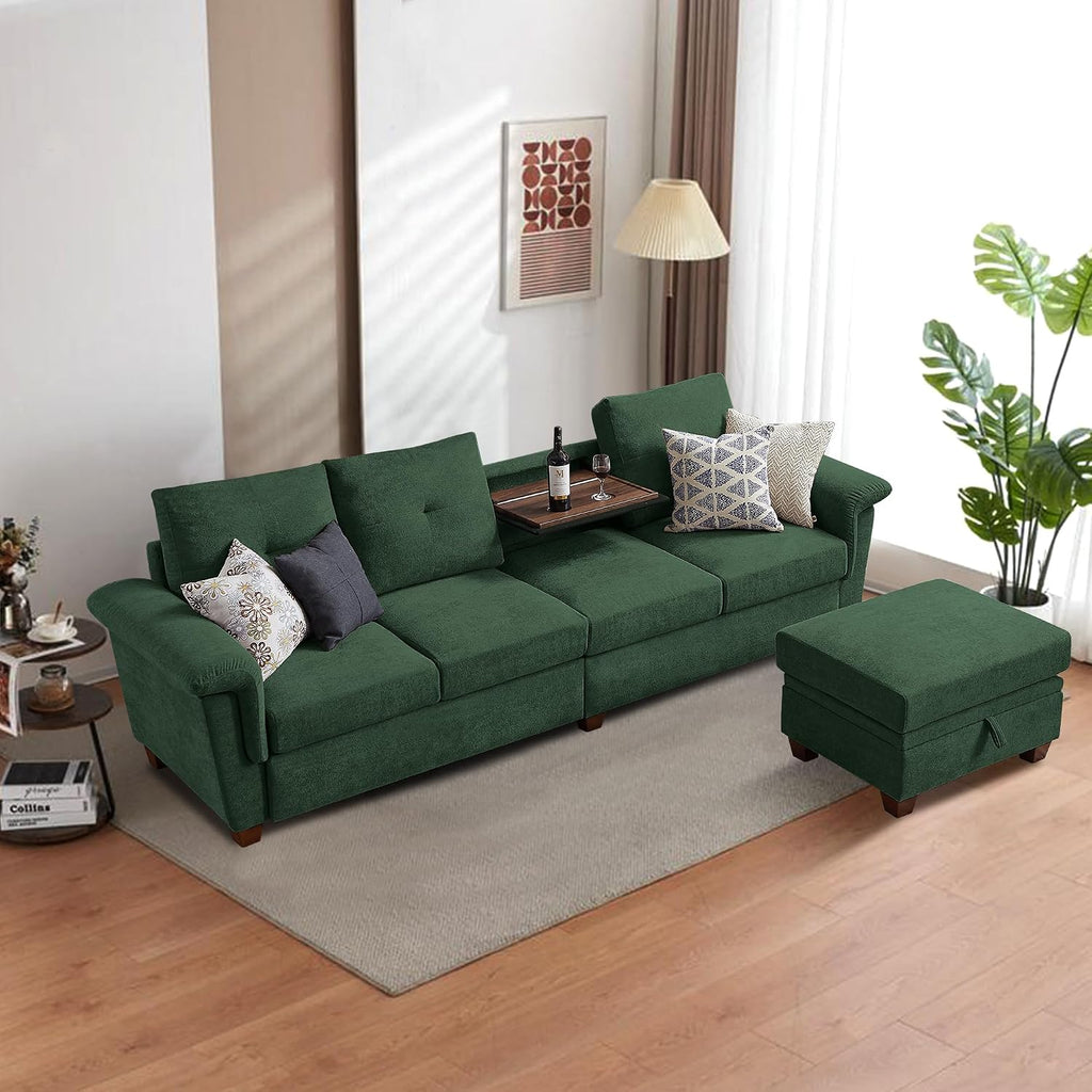 4-Seat Sectional Couches for Living Room, Bedroom, Office, L Shape Convertible Sectional Sofa Couch with Ottoman and Cup Holders, Green