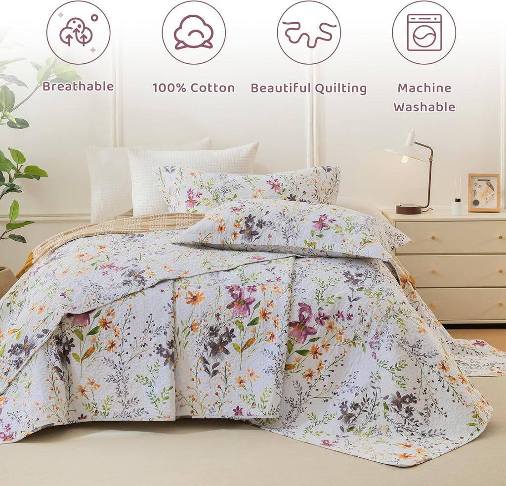 Sanracie Oversized Queen Quilt Bedspread Set(102'x118'), 100% Cotton Floral Quilted Set 3Pcs Yellow Wild Flower Botanical Printed Pattern Bedding Set for All Seasons