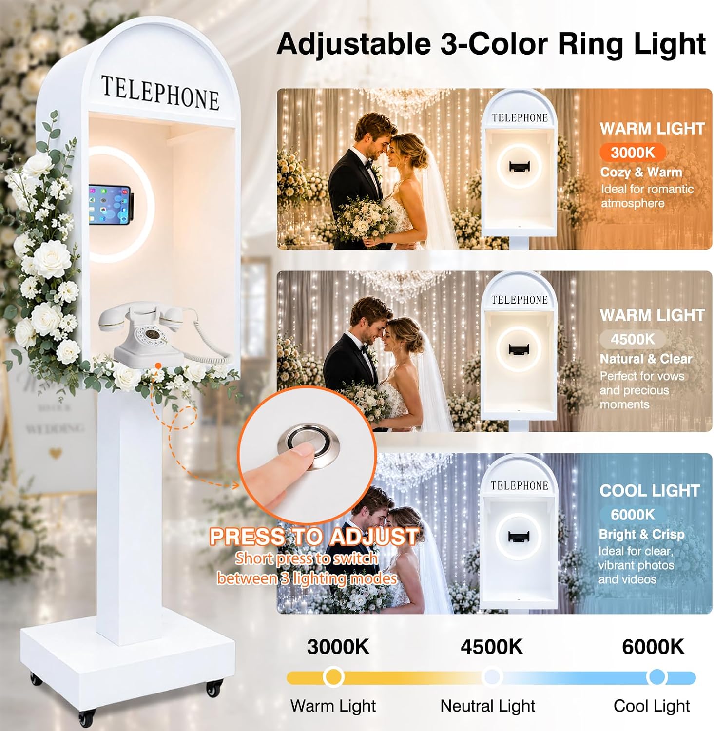 Wedding Telephone Booth Audio Guest Book Photo Booth Stand with 3 Color Ring Light 360° Rotatable Tablet Holder Built-in Type-C Charging Port Lockable Rolling Wheels for Wedding Party Events