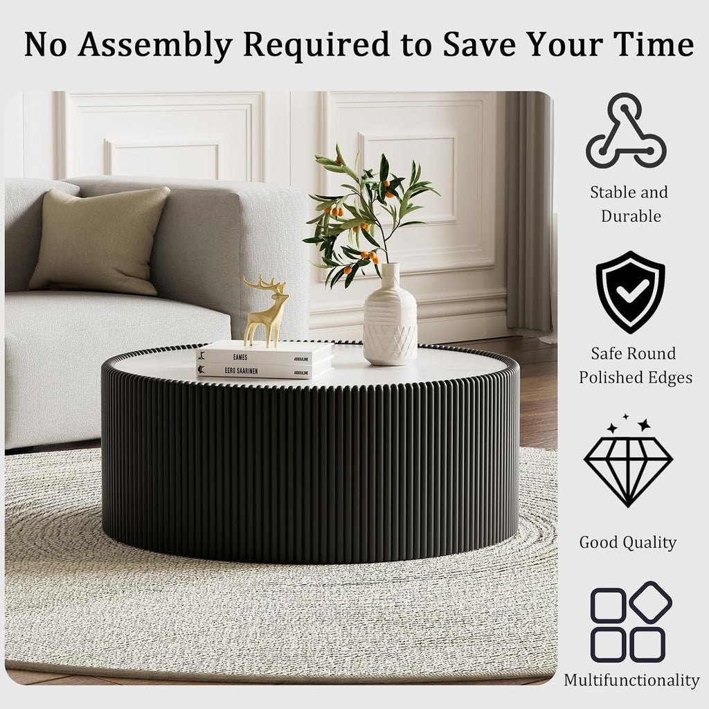 29.52' Black Round Coffee Table, Drum Coffee Table with Sintered Stone Tabletop and Fluted PU Leather Covered and Stable Base, Circle Cocktail Tea Table for Living Room