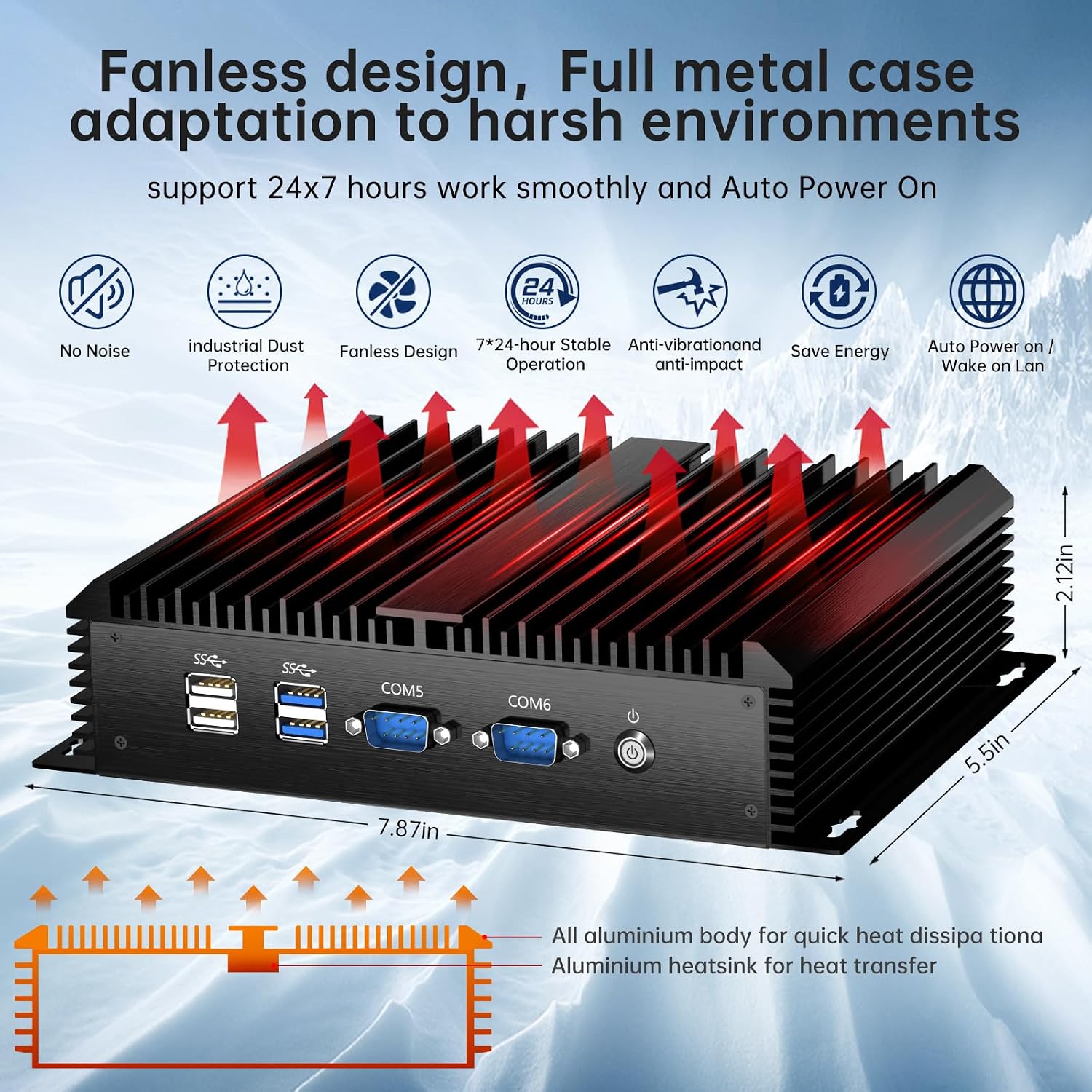 Industrial Mini PC, Fanless Desktop Computer Core i7-5500U 2.4-3.0GHz, Windows 10 Pro, 8G RAM, 256G SSD, 2xNICs, 6xCOM RS232, 4xUSB 3.0, HDMI/VGA Ports, Auto Power On, Full Metal Case