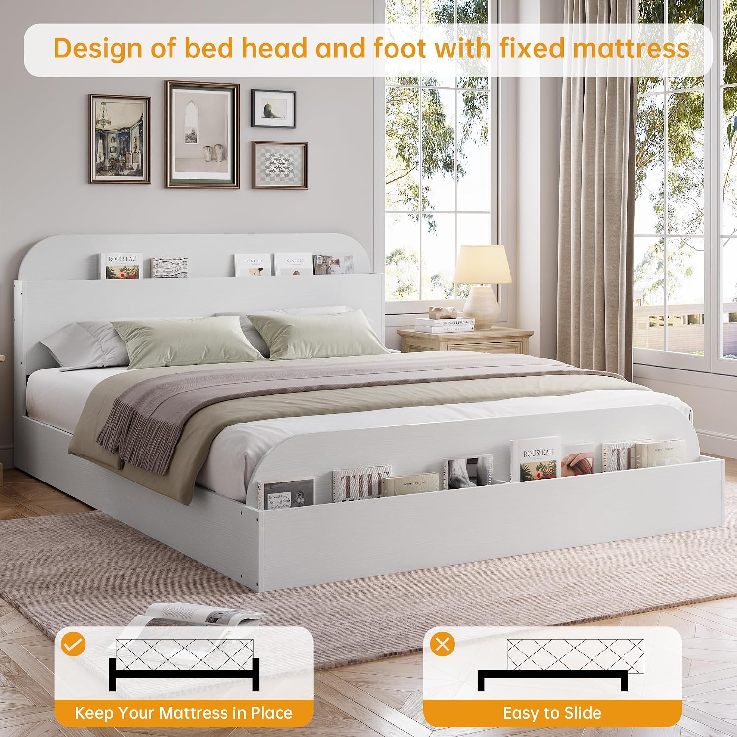 GarveeHome Queen Size Bed Frame, Wooden Beds with Storage Headboard and Raised-Foodboard, Queen-Floor Low Platform Bed for Bedroom, Sturdy Wooden Slats Support, No Box Spring Needed, White