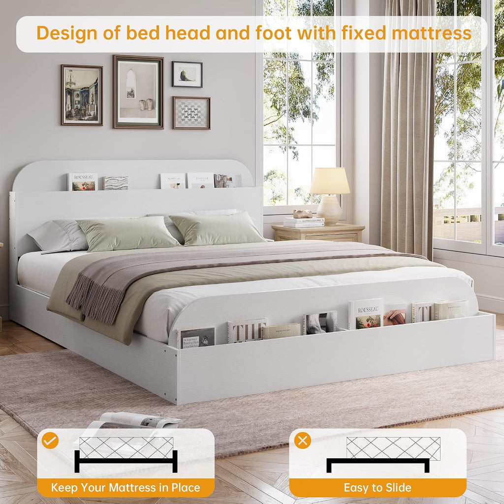GarveeHome Full Size Bed Frame, Wooden Beds with Storage Headboard and Raised-Foodboard, Full-Floor Low Platform Bed for Bedroom, Sturdy Wooden Slats Support, No Box Spring Needed, White