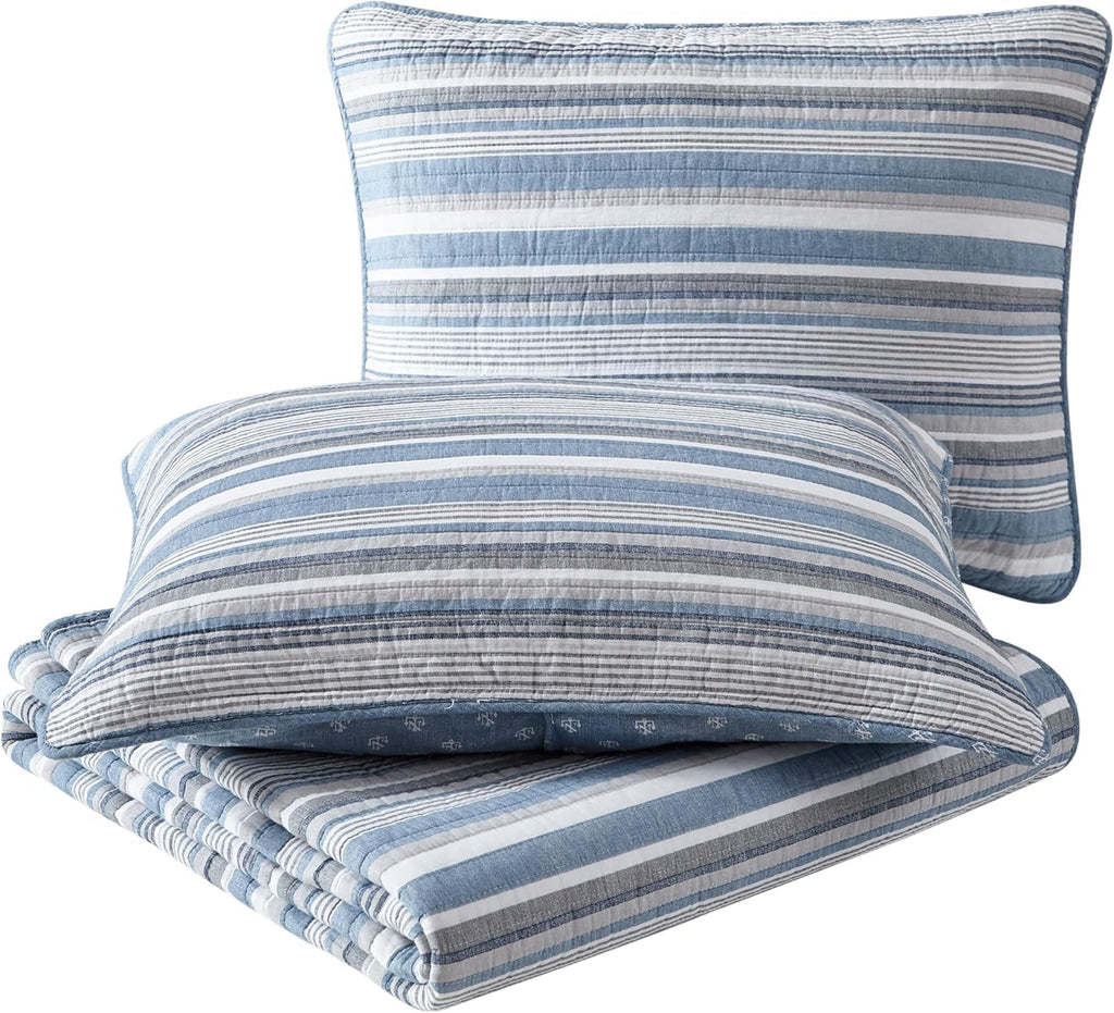 Nautica - Queen Quilt Set, 100% Cotton Bedding with Matching Shams, Reversible Stripe and Anchor Design, Lightweight for Year-Round Layering (Jettison Blue)