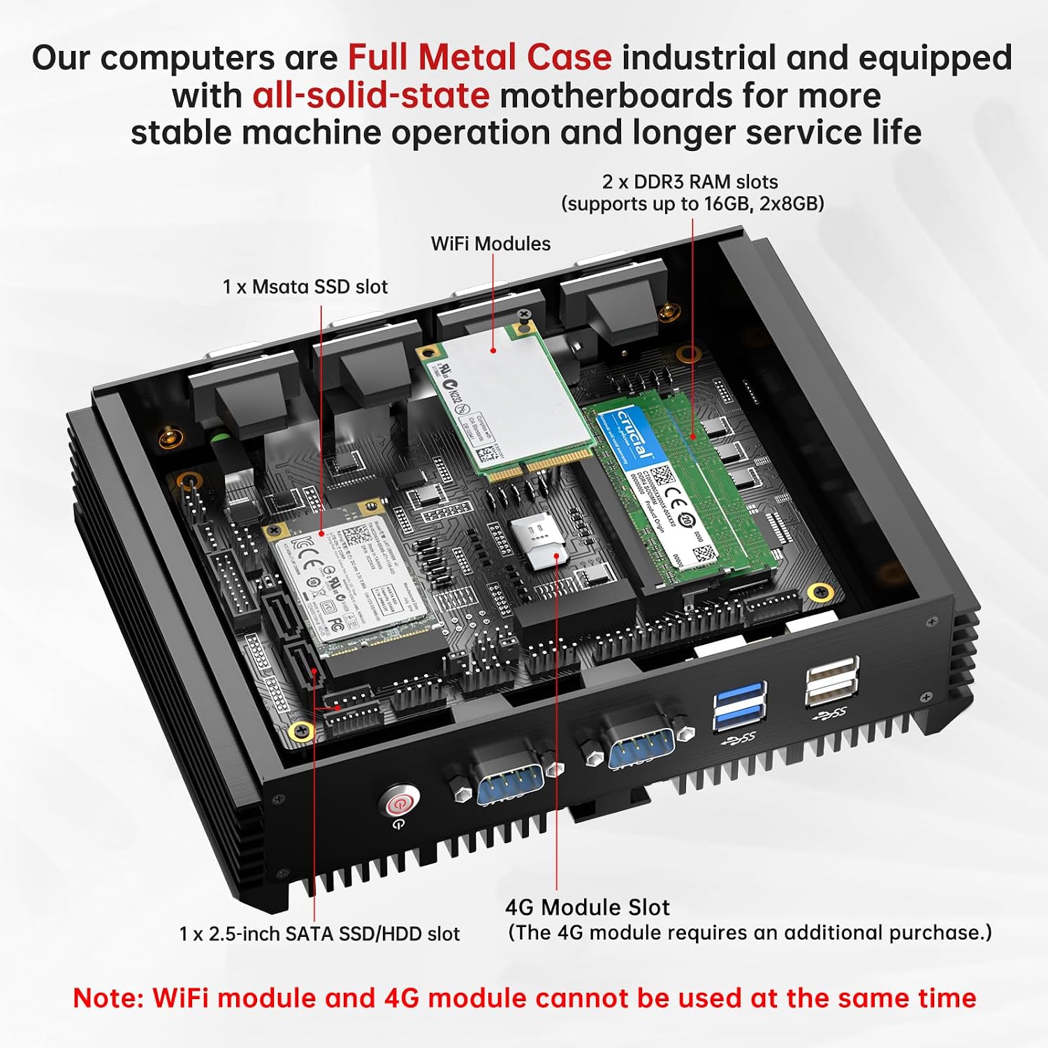 Industrial Mini PC, Fanless Desktop Computer Core i7-5500U 2.4-3.0GHz, Windows 10 Pro, 16GB RAM, 256GB SSD, 2xNICs, 6xCOM RS232, 4xUSB 3.0, HDMI/VGA Ports, Full Metal Case