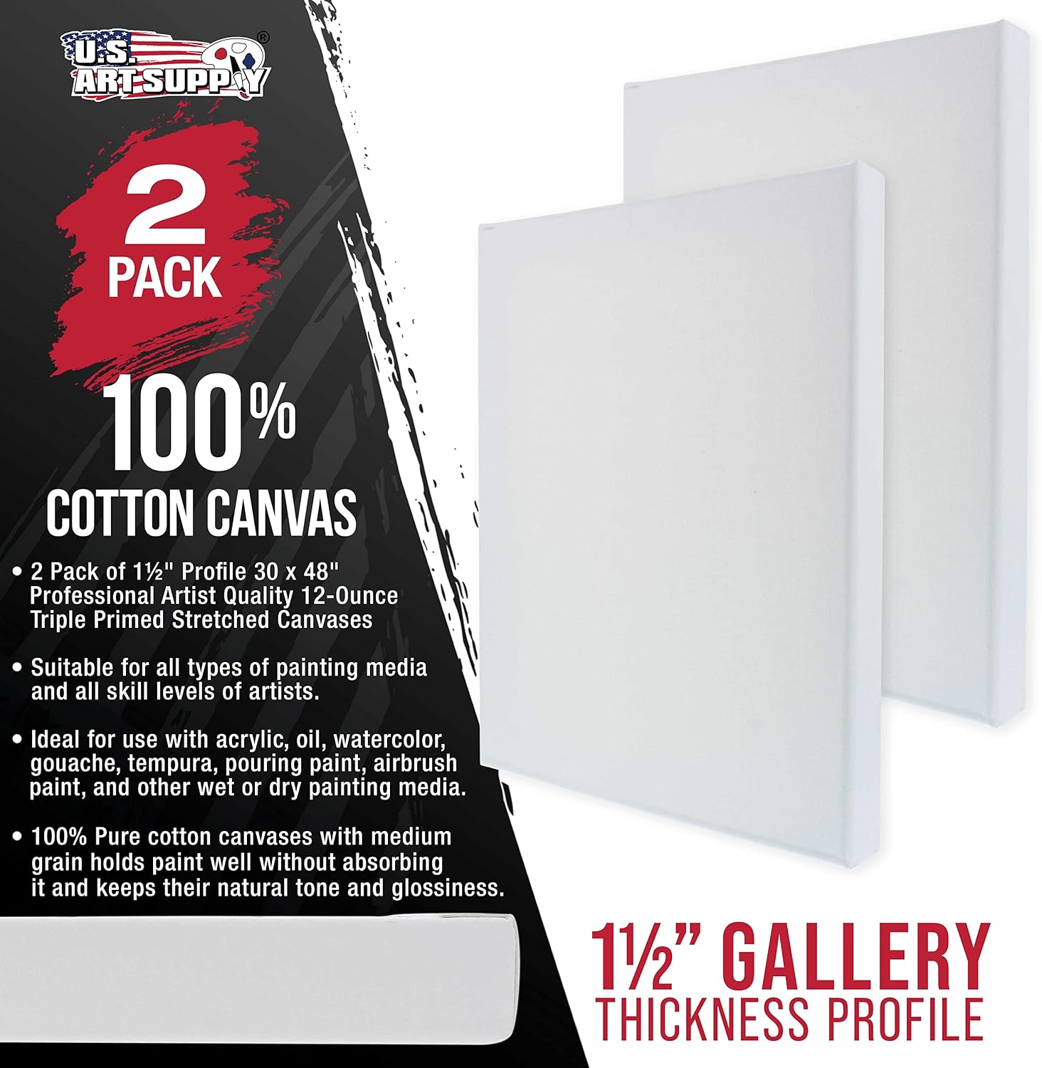 U.S. Art Supply X-Large Stretched Canvas for Painting 30x48 inch Gallery Depth 1-1/2' Thick, 2-Pack - 12oz Acrylic Gesso Triple Primed, Professional Artist Quality, 100% Cotton - Oil, Pouring Paint