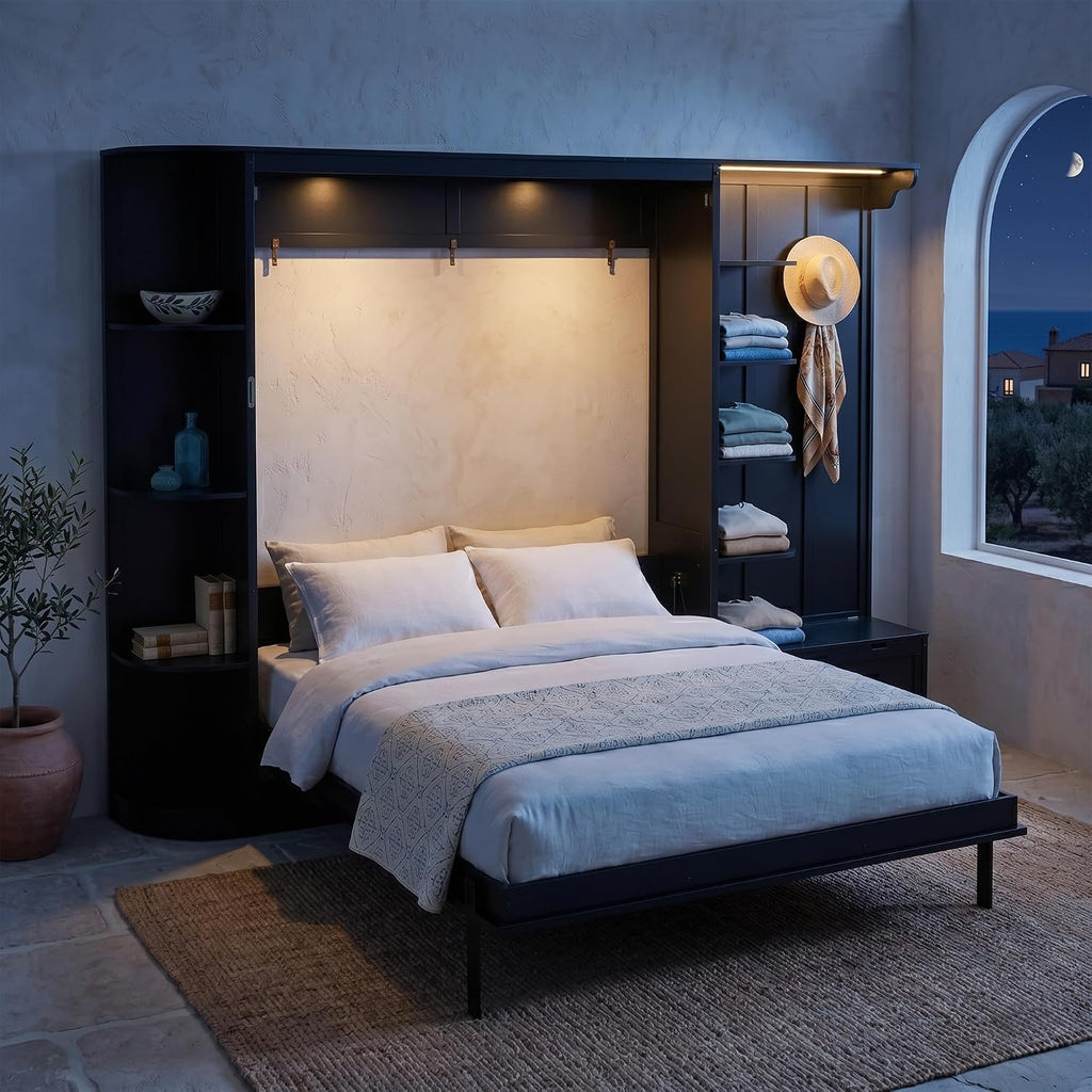 Queen Murphy Bed with Storage Shoe Cabinet,Storage Bench,Hooks & LED Lights,Wood Murphy Wall Bed with Shelves Bookcase and Cabinet, Space-Saving for Small Spaces Office Guest Room (Black,Queen)